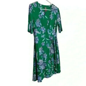 Vince Camuto Kelly Green Floral Wrap slimming comfy Midi flowyDress Size 8